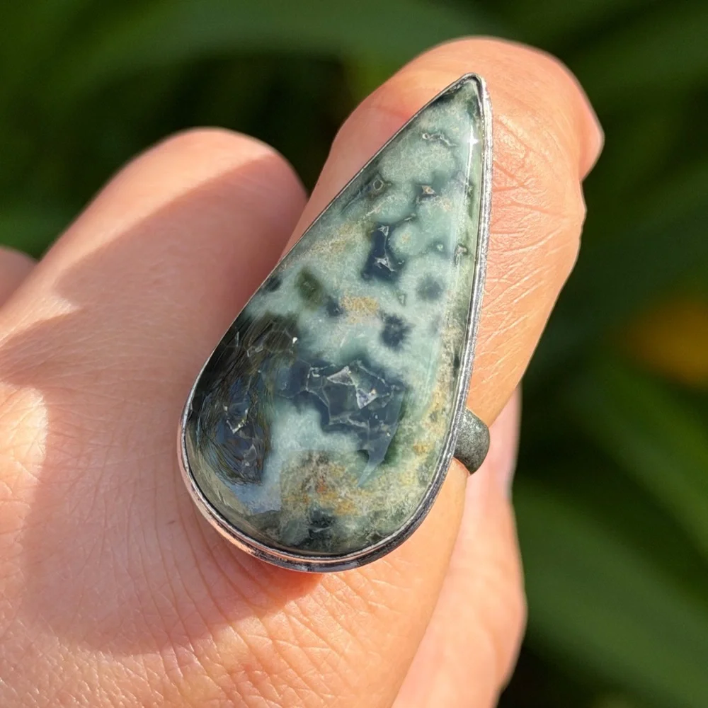 Size 9.75 925 silver‎ plated green ocean jasper ring 0871